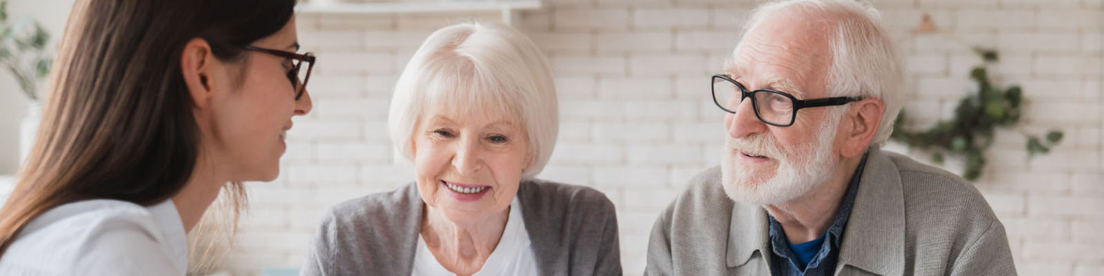 A senior man and senior woman sitting at a table across from an insurance specialist